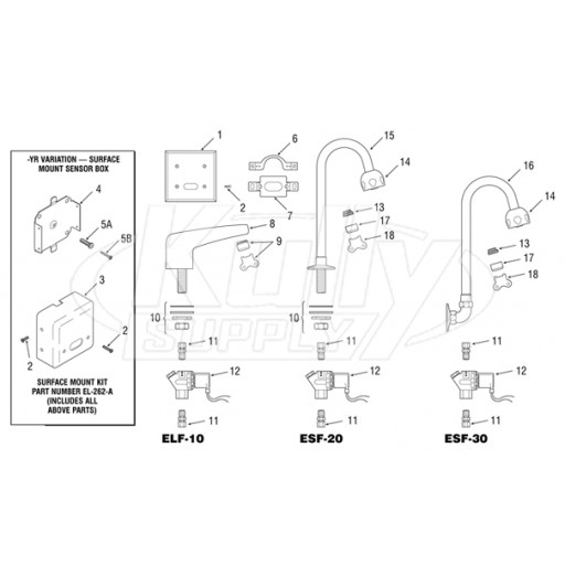 Sloan Optima(R) ELF-10/ESF-20/ESF-30 Faucet Parts Breakdown