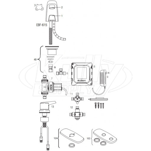 Sloan Optima EBF-615 Battery-Powered Sensor Faucet Parts Breakdown (Pre-2019)
