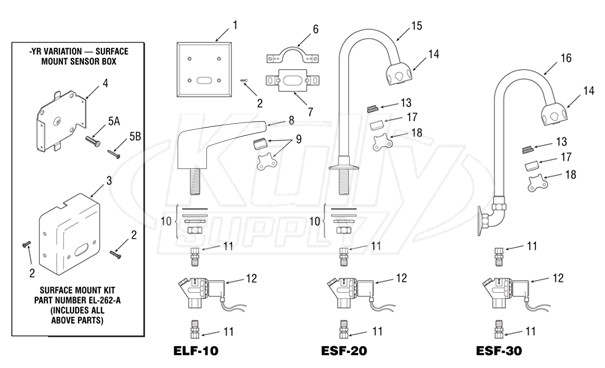 Sloan Optima(R) ELF-10/ESF-20/ESF-30 Faucet Parts Breakdown