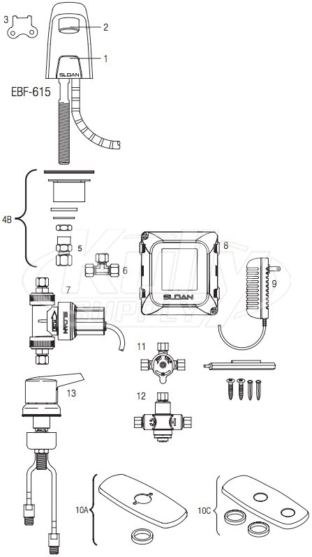 Sloan Optima EBF-615 Battery-Powered Sensor Faucet Parts Breakdown (Pre-2019)